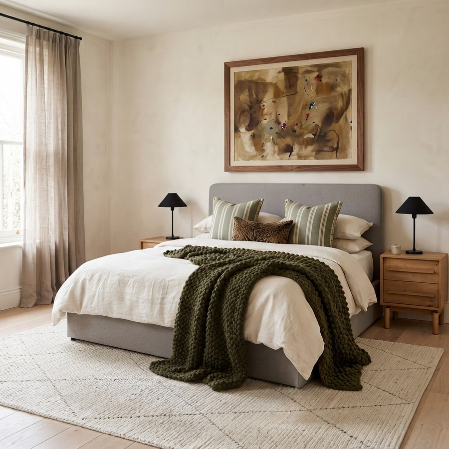 Taupe Weave Double Ottoman Bed, Mattress & 2 Oak Effect Bedside Tables Set