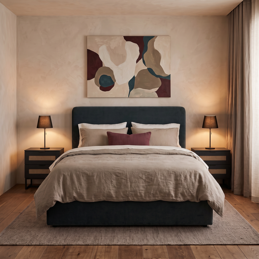 Mid Blue Velvet Double Ottoman Bed, Mattress & 2 Black Rattan Bedside Tables Set