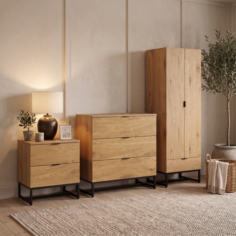 Oak 2 Door Wardrobe, 3 Drawer Chest & 2 Bedside Tables Set