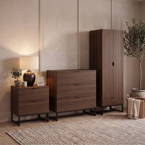 Walnut 2 Door Wardrobe, 3 Drawer Chest & 2 Bedside Tables Set
