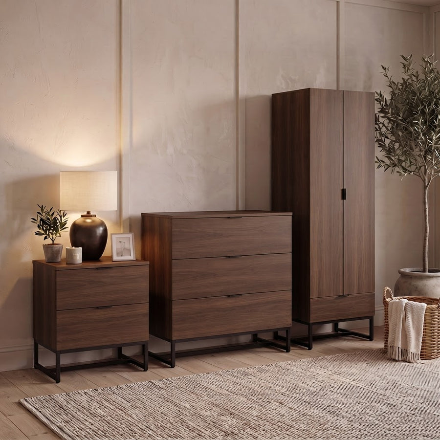 Walnut 2 Door Wardrobe, 3 Drawer Chest & 2 Bedside Tables Set