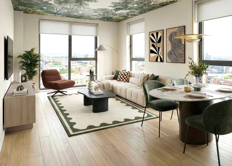modern bright apartment with corner sofa, coffee table, occasional chair, dining area, with green colourway