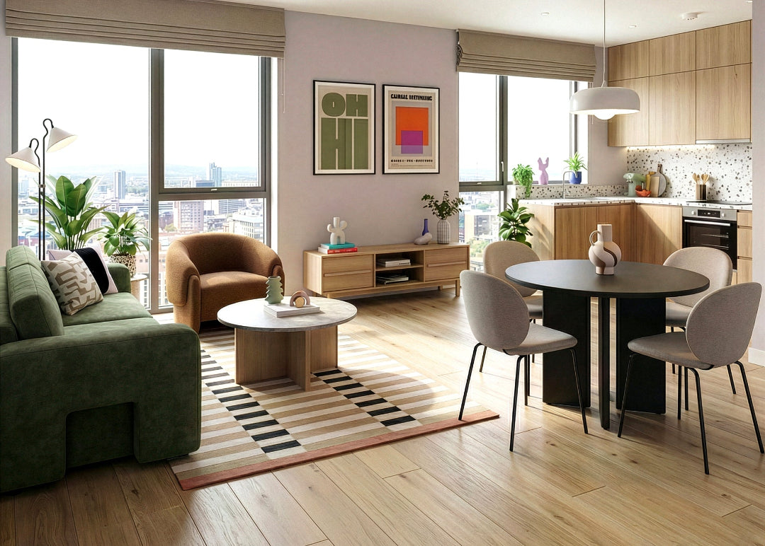 modern bright apartment with green sofa, coffee table, chair, media unit, dining area and fitted kitchen