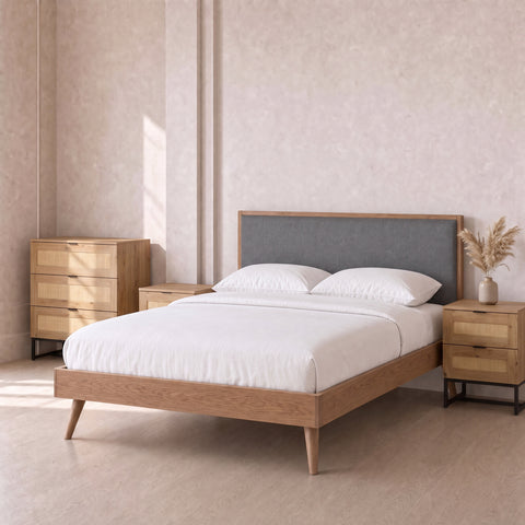 Dark Grey Weave Double Bed, Mattress, Light Oak Chest & 2 Bedside Tables Set