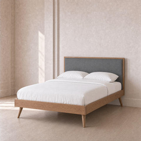 Dark Grey Weave Double Bed Frame & Double Mattress Set – Walnut Wood Frame