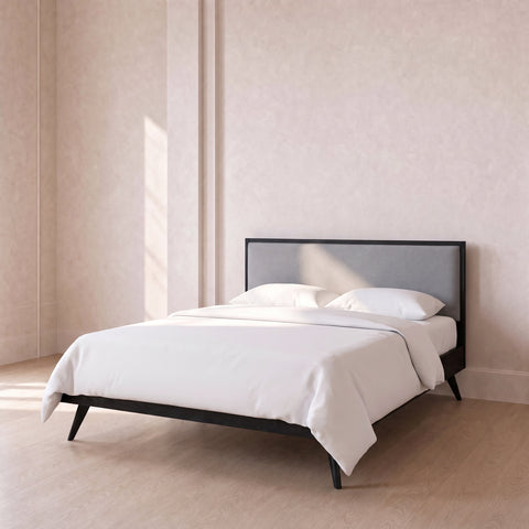 Dark Grey Weave Double Bed Frame & Double Mattress Set – Black Wood Frame