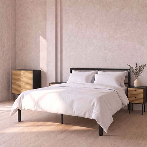 Black Metal Double Bed, Crib 5 Mattress, Oak 4 Drawer Chest & 2 Bedsides Set
