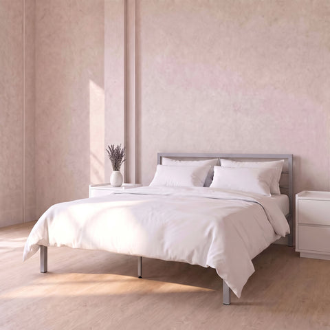 Silver Metal Double Bed, Crib 5 Mattress & 2 White Bedside Tables Set