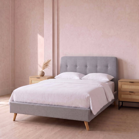 Grey Velvet Double Bed, Mattress & 2 Light Oak Rattan Bedside Tables Set