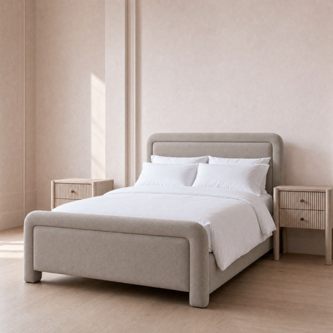 Taupe Weave Double Bed Frame, Double Mattress & 2 White Bedside Tables Set