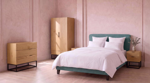 Dark Green Weave Double Bed, Mattress, Oak Wardrobe, Chest & 2 Bedsides Set