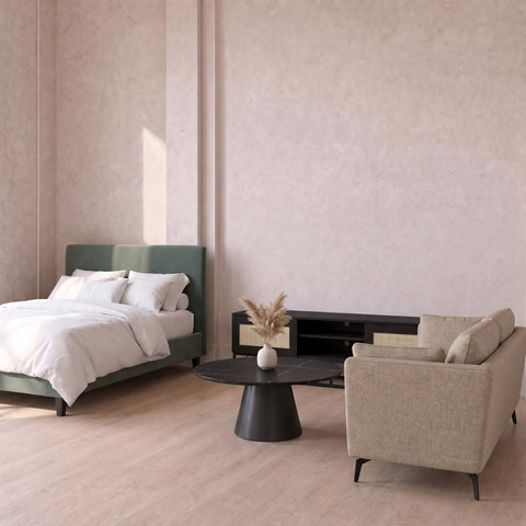Dark Green Double Bed, Mattress, Taupe 3 Seater Sofa, Black Media Unit & Round Coffee Table Set