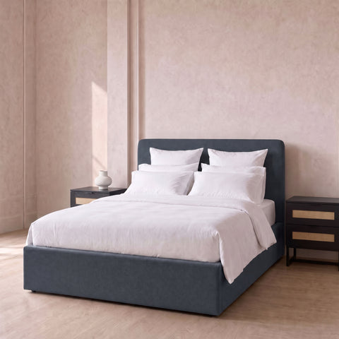 Mid Blue Velvet Double Ottoman Bed, Mattress & 2 Black Rattan Bedside Tables Set
