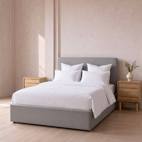 Taupe Weave Double Ottoman Bed, Mattress & 2 Oak Effect Bedside Tables Set