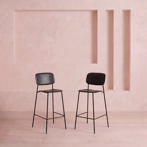 2 Black Wood Effect Bar Stools Set – 650mm Seat Height, Black Metal Legs