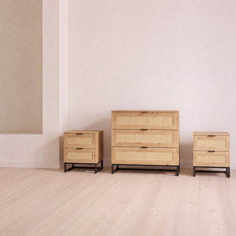 Light Oak Rattan 3 Drawer Chest & 2 Matching 2 Drawer Bedside Tables Set