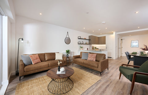 Modern bright apartment with living area, dining room and kitchen, fully furnished