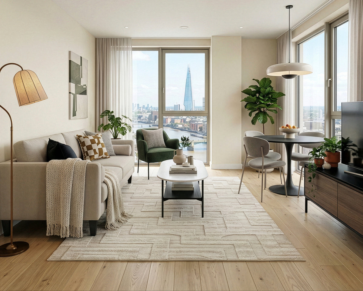 modern bright cream style apartment living room with couch, coffee table, chair and dining area, overlooking London