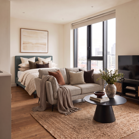 Dark Green Double Bed, Mattress, Taupe 3 Seater Sofa, Black Media Unit & Round Coffee Table Set