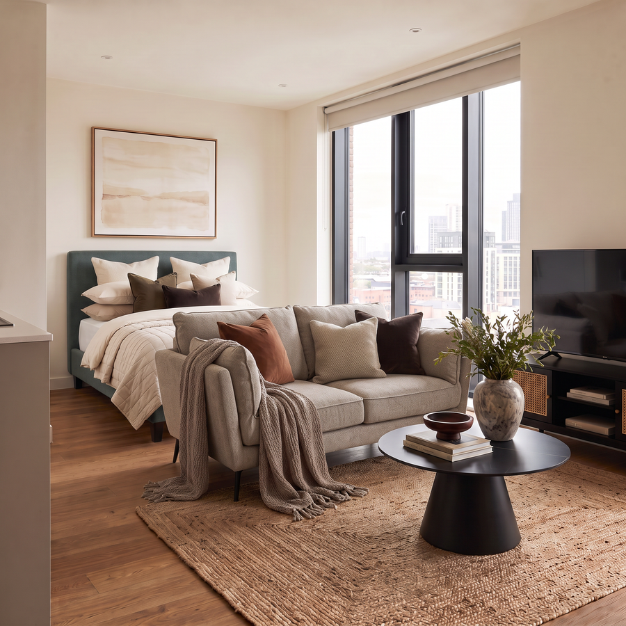 Dark Green Double Bed, Mattress, Taupe 3 Seater Sofa, Black Media Unit & Round Coffee Table Set