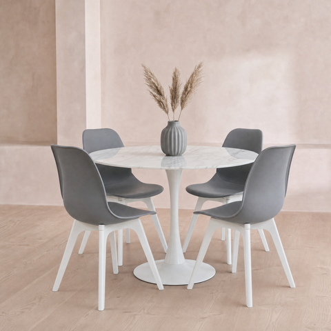 Round White Wood Effect 4 Seater Dining Table & 4 Dark Grey Chairs Set