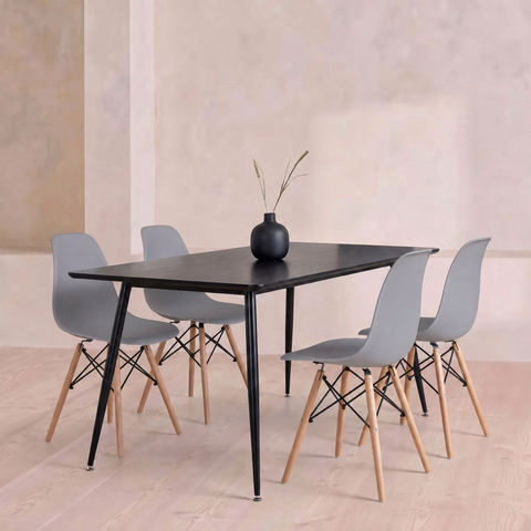 Rectangular Black Wood 4 Seater Dining Table & 4 Grey Recycled Plastic Chairs Set