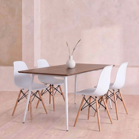 Extendable Oak 6-8 Seater Dining Table & 4 Off White Recycled Plastic Chairs Set