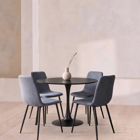 Round Black 4 Seater Dining Table & 4 Mid Grey Weave Chairs Set
