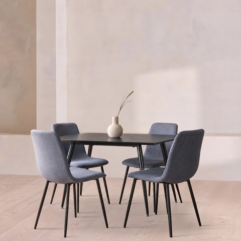 Square Black 4 Seater Dining Table & 4 Mid Grey Weave Chairs Set