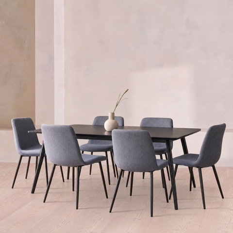 Rectangular Black 6 Seater Dining Table & 6 Mid Grey Weave Chairs Set