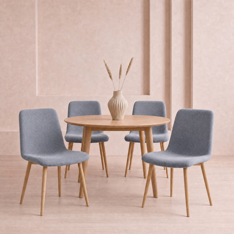 Round Oak 4 Seater Dining Table & 4 Mid Grey Weave Chairs Set