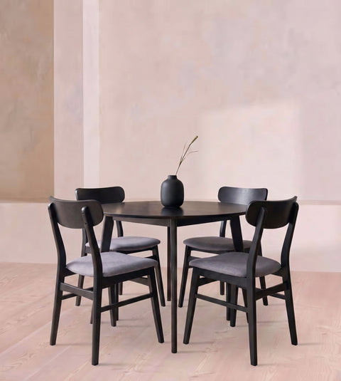 Round Black 4 Seater Dining Table & 4 Dark Grey Weave Chairs Set