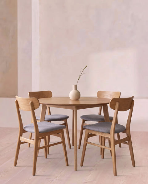 Round Oak 4 Seater Dining Table & 4 Dark Grey Weave Chairs Set