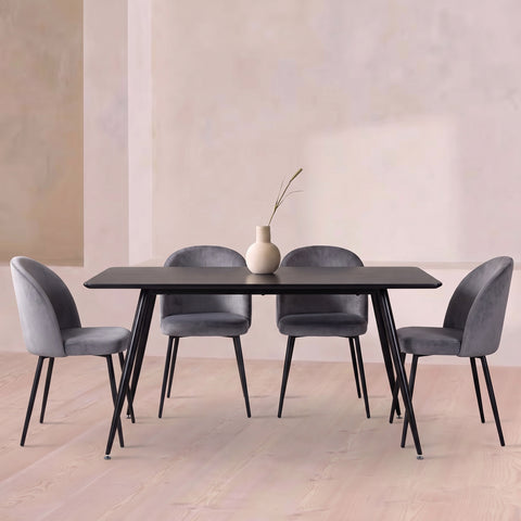 Rectangular Black Wood 4 Seater Dining Table & 4 Light Grey Velvet Chairs Set