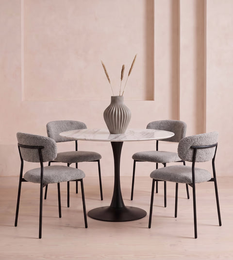 Round White Marble Effect Dining Table & 4 Grey Bouclé Chairs Set