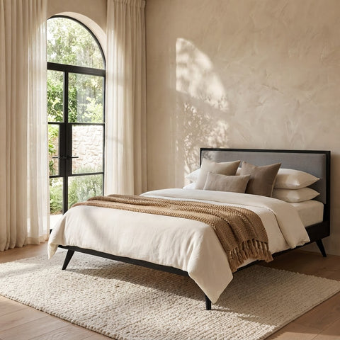 Dark Grey Weave Double Bed Frame & Double Mattress Set – Black Wood Frame