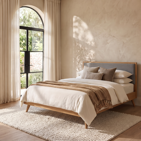 Dark Grey Weave Double Bed Frame & Double Mattress Set – Walnut Wood Frame