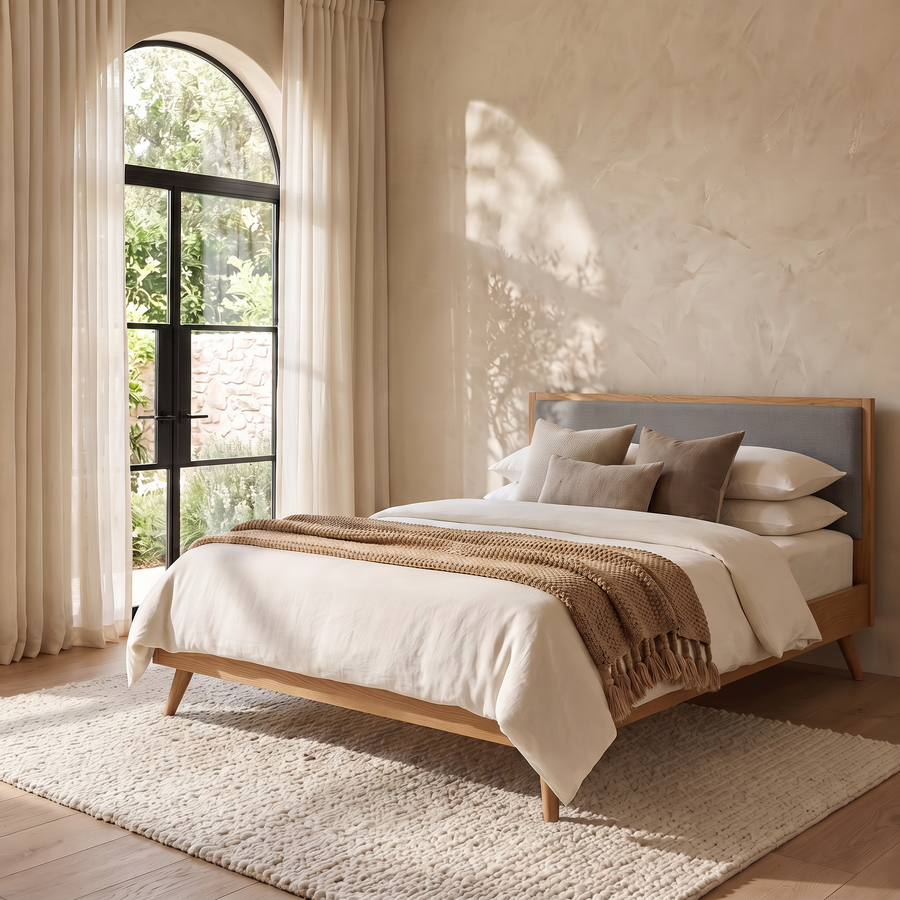 Dark Grey Weave Double Bed Frame & Double Mattress Set – Walnut Wood Frame