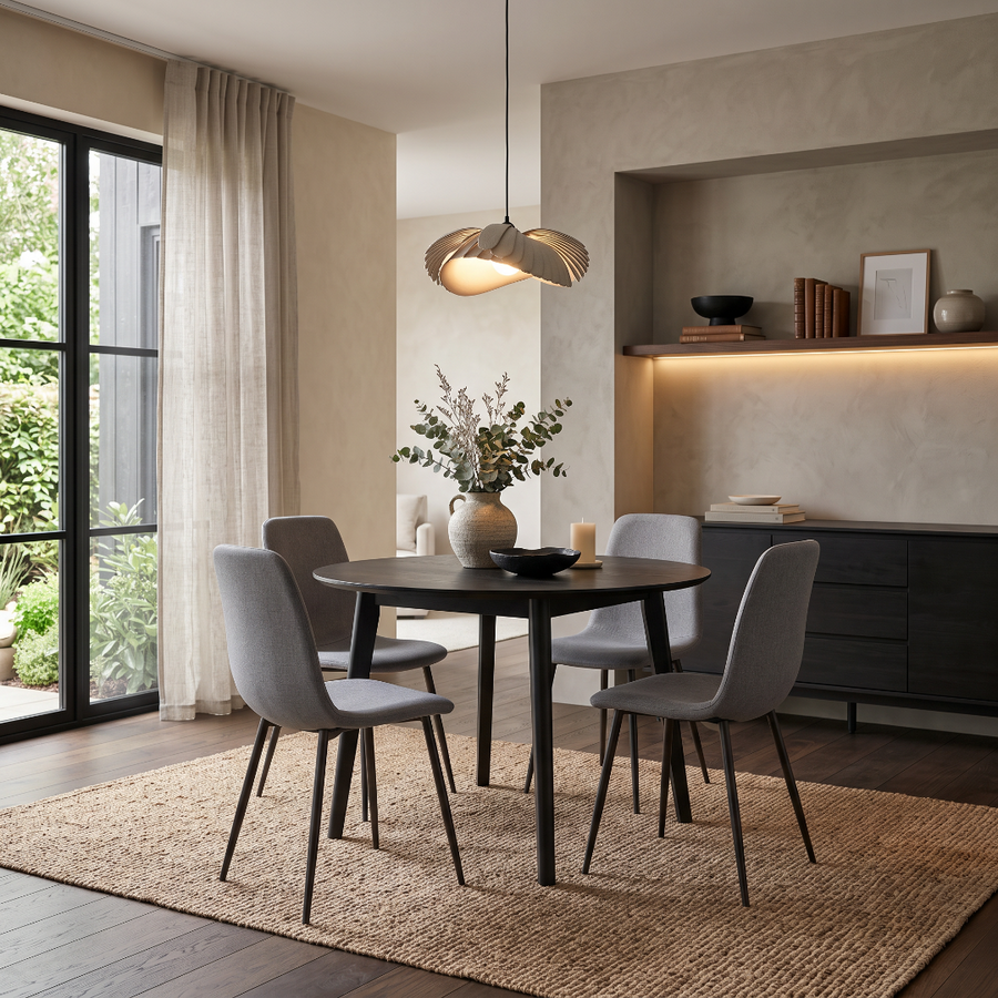 Round Black 4 Seater Dining Table & 4 Mid Grey Weave Chairs Set