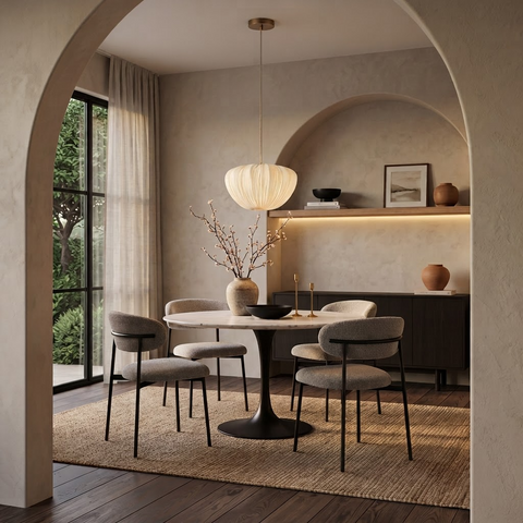 Round White Marble Effect Dining Table & 4 Grey Bouclé Chairs Set