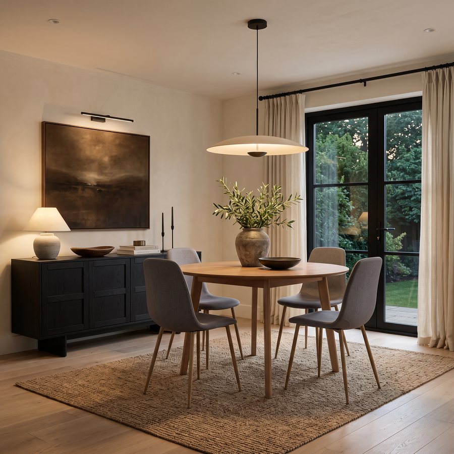 Round Oak 4 Seater Dining Table & 4 Mid Grey Weave Chairs Set