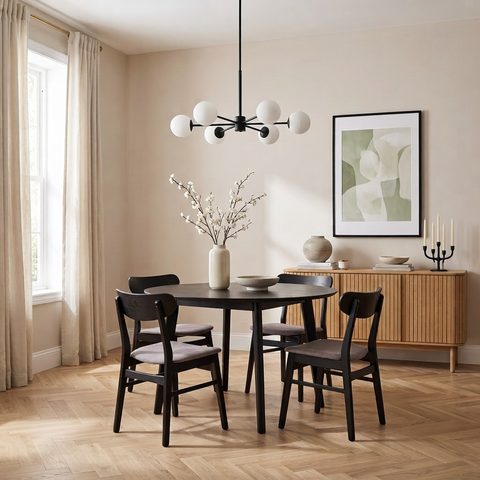 Round Black 4 Seater Dining Table & 4 Dark Grey Weave Chairs Set
