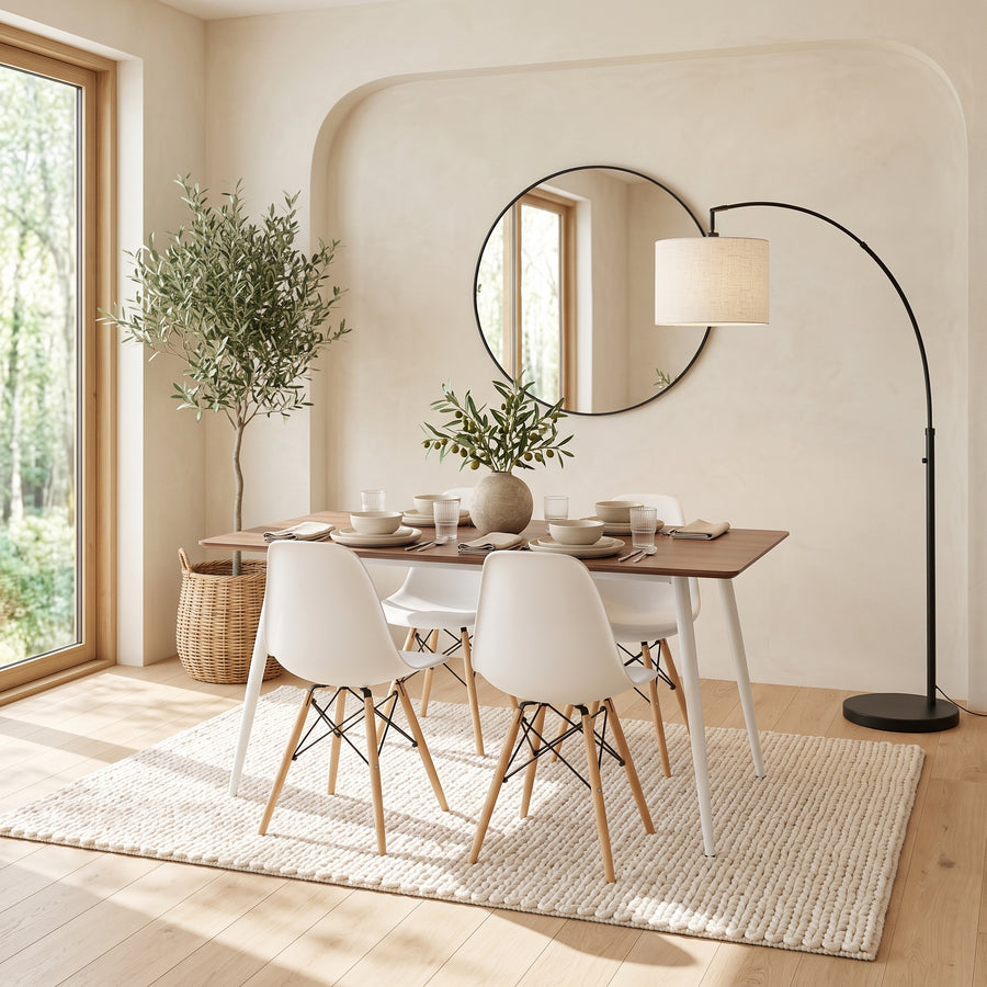 Extendable Oak 6-8 Seater Dining Table & 4 Off White Recycled Plastic Chairs Set