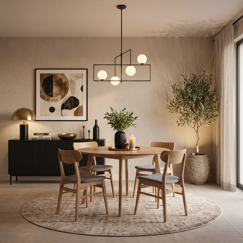 Round Oak 4 Seater Dining Table & 4 Dark Grey Weave Chairs Set