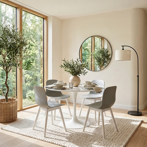 Round White Wood Effect 4 Seater Dining Table & 4 Dark Grey Chairs Set