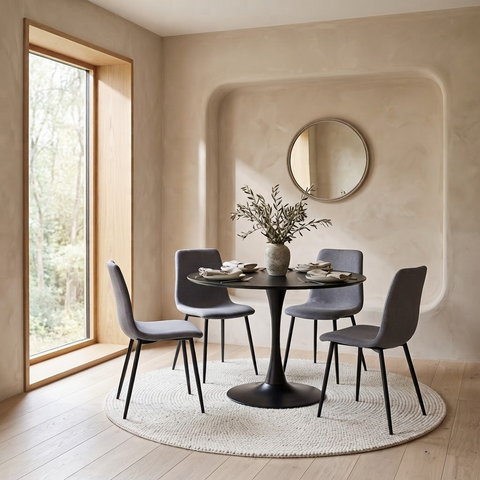 Round Black 4 Seater Dining Table & 4 Mid Grey Weave Chairs Set