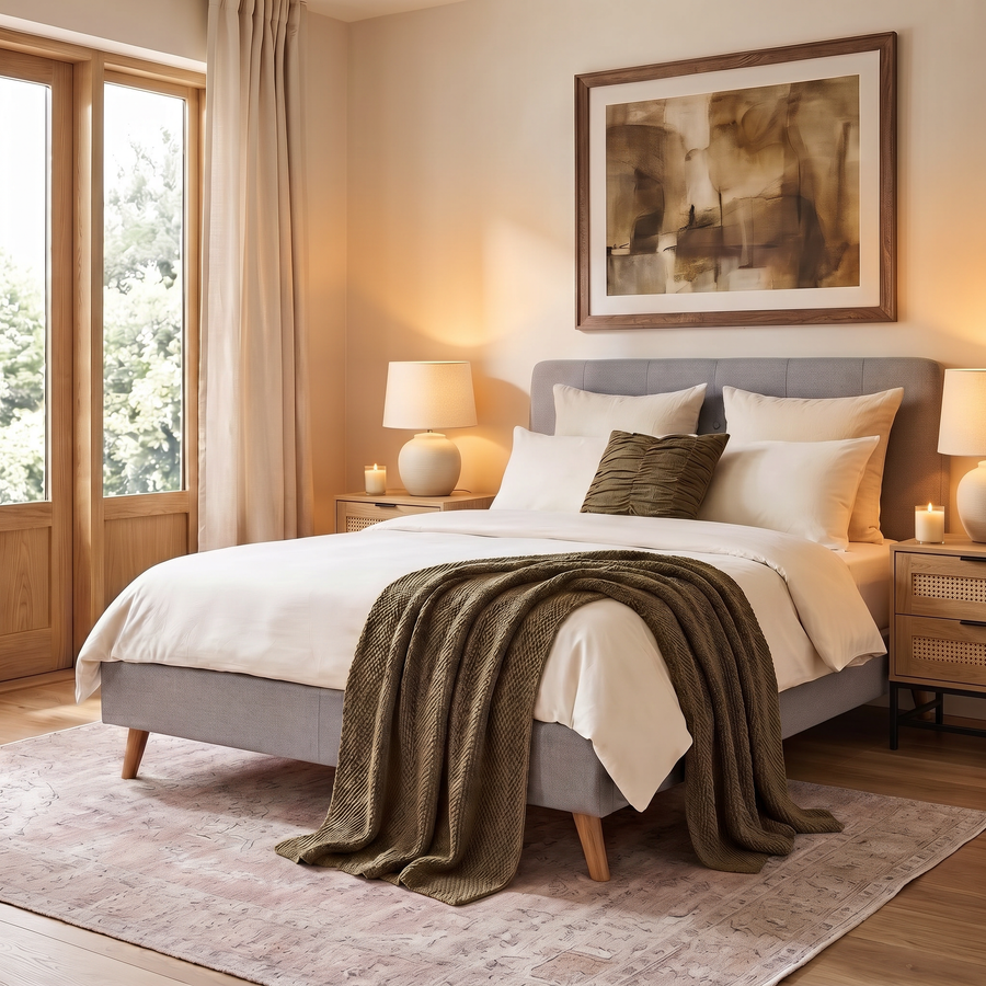 Grey Velvet Double Bed, Mattress & 2 Light Oak Rattan Bedside Tables Set
