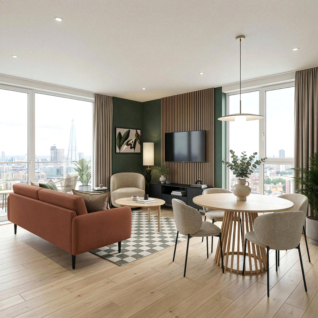 Apartment living area with modern decor, a couch, chair & dining area