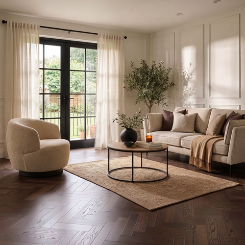 Taupe Weave 3 Seater Sofa, Bouclé Swivel Chair & Round Oak Coffee Table Set