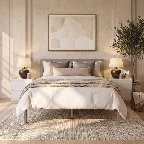Silver Metal Double Bed, Crib 5 Mattress & 2 White Bedside Tables Set
